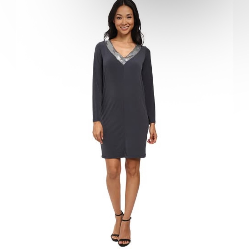 Calvin Klein Gray V-Neck Sequin Trim Cowl‎ Back Shift Jersey Dress 20W Plus (A6)